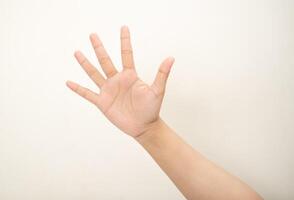 Hand pointing at something and make a sign on white background photo