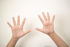 Hand pointing at something and make a sign on white background photo