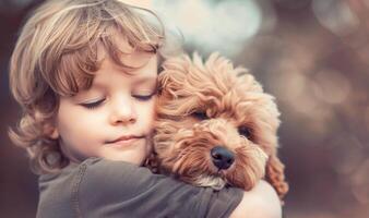 AI generated Young Boy Embracing His Brown Poodle Puppy Outdoors on a Sunny Day photo