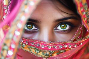 AI generated Close-Up Portrait of a Woman With Striking Eyes Partially Veiled in Traditional Attire photo