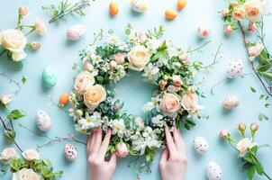 AI generated Woman Crafting a Spring-Themed Floral Wreath With Easter Decorations photo