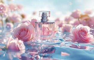 AI generated Elegant Perfume Bottle Surrounded by Pink Roses and Petals on a Reflective Surface photo