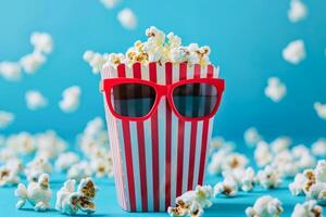 AI generated Quirky Box of Popcorn With Red Sunglasses Against a Blue Background photo