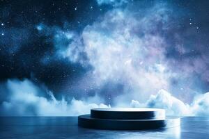 AI generated Futuristic Stage Under a Starry Nebula Sky Captures the Imagination photo