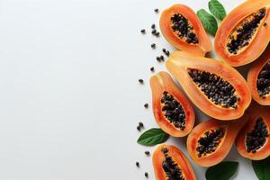 AI generated Papaya fruit, Pawpaw seeds contain nutrients that help heal cirrhosis of the liver and improve kidney health. White plate. White background photo