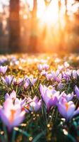 AI generated Purple Crocus Flowers Blooming in a Sunny Spring Field at Dawn photo