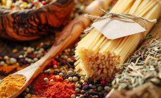 AI generated Bundle of Uncooked Spaghetti Tied With String Next to Various Spices and Herbs photo