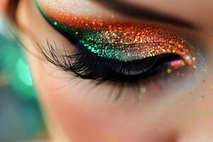 AI generated Close-Up View of a Womans Eye With Colorful Glitter Makeup in Natural Daylight photo