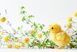 ai generado bebé polluelo con huevos y flores foto