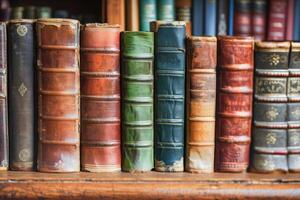 AI generated Antique Leather-Bound Books Lined Up on a Wooden Library Shelf photo