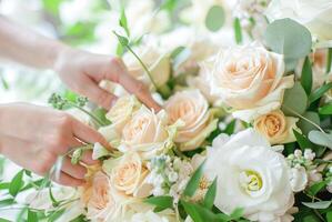 AI generated Elegant Handcrafted Floral Arrangement With Lush White Roses and Greenery on a Pastel  Background photo