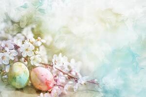 ai generado vistoso Pascua de Resurrección huevos anidado entre primavera flores en un pastel paisaje foto
