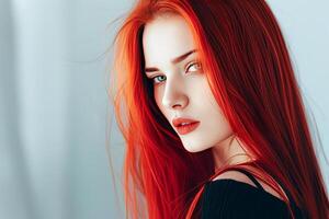 ai generado de cerca retrato de un joven mujer con vibrante rojo pelo y suave luz de sol foto