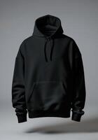 AI generated Black Hooded Sweatshirt on Display Against a Neutral Background photo