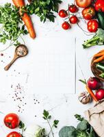 AI generated Fresh Vegetables and Herbs Laid Out Around A Blank Menu Template On A White Background photo