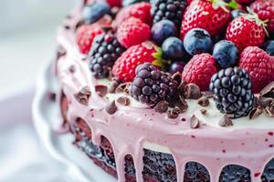 AI generated Delectable Chocolate Layer Cake Adorned With Assorted Fresh Berries on a Bright Day photo