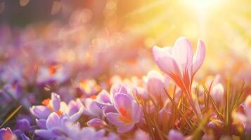 AI generated Purple Crocus Flowers Blooming in a Sunny Spring Field at Dawn photo