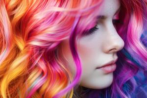 AI generated Vibrant Multi-Colored Hair on a Young Woman in a Close-Up Outdoor Portrait photo