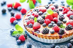 AI generated Freshly Baked Mixed Berry Tart Garnished With Mint on a Blue Background photo