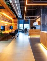 AI generated Modern Office Space Interior With Warm Lighting and Open Workstations photo