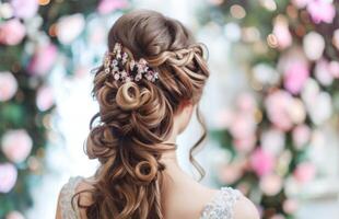 ai generado elegante nupcial updo peinado con floral pelo accesorios en un elegante salón ajuste foto