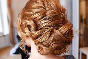 AI generated Elegant Bridal Updo Hairstyle With Floral Hair Accessories in a Stylish Salon Setting photo