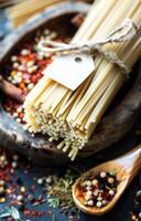 AI generated Bundle of Dried Spaghetti Tied With String on a Rustic Wooden Surface Amidst Spices photo