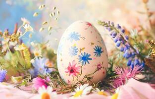 AI generated Speckled Easter Egg Nestled Among Spring Flowers on a Pink Background photo