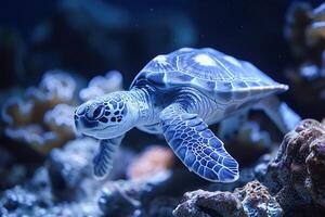 AI generated Curious Sea Turtle Swimming Towards the Camera in a Clear Aquarium Tank photo