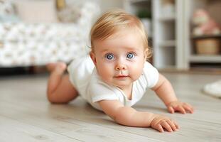 ai generado adorable bebé gateando en un suave blanco alfombra en un acogedor vivo habitación ajuste foto