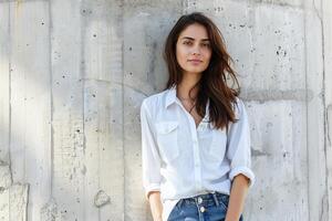 AI generated Young Woman in Casual Attire Leaning Against a Concrete Wall on a Sunny Afternoon photo