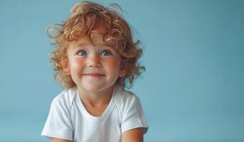 AI generated Smiling Toddler With Curly Hair Posing for a Portrait Against a Blue Background photo