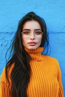 AI generated Young Woman With Glasses Wearing a Yellow Turtleneck Against a Blue Background photo