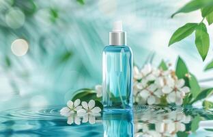 AI generated Serene Spa Setting With Blue Glass Bottle and White Blossoms on Water Surface photo