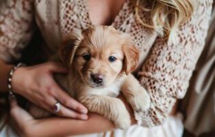 AI generated Gentle Embrace  Puppy in the Warm Arms of Its Owner photo