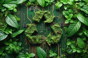 AI generated Green Technology Concept Featuring Recycle Symbol Amidst Circuit Board and Foliage photo