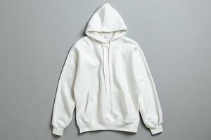 AI generated White Hooded Sweatshirt Displayed  Against Gray Background photo