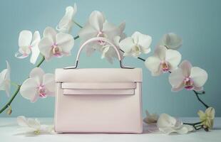 AI generated Elegant Pink Handbag Flanked by White Orchids on a Soft Blue Background photo