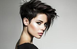 AI generated Stylish Young Woman Showcasing a Modern Short Hairstyle Against a Neutral Background photo