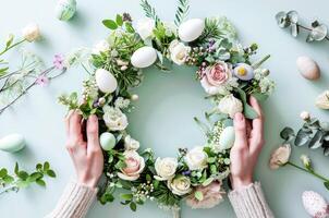 AI generated Woman Crafting a Spring-Themed Floral Wreath With Easter Decorations photo