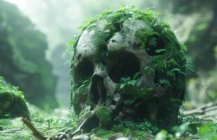 AI generated Overgrown Human Skull in a Misty Forest Clearing During Early Morning Light photo