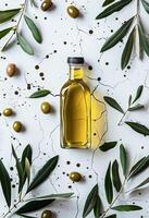 AI generated Olive Oil Bottle Surrounded by Fresh Olives and Green Leaves on a Clean White Background photo
