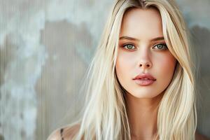 AI generated Serene Blonde Woman With Striking Blue Eyes Posing Against a Soft White Background photo