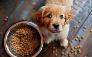 AI generated Adorable Golden Retriever Puppy Eagerly Waiting for Meal Time on Wooden Floor photo