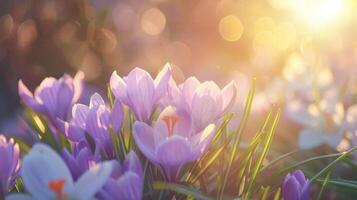 AI generated Purple Crocus Flowers Blooming in a Sunny Spring Field at Dawn photo