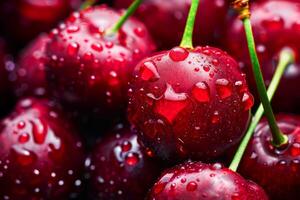 AI generated Fresh Dew-Kissed Cherries in Close-Up at a Farmers Market in Summer photo