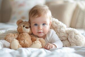 AI generated Smiling Baby With Blue Eyes Next to a Brown Teddy Bear on a Soft Bed photo