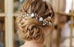 AI generated Elegant Bridal Updo Hairstyle With Floral Hair Accessories in a Stylish Salon Setting photo