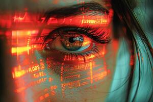 AI generated Close-Up of a Womans Eye Reflecting Abstract Digital Data Patterns photo