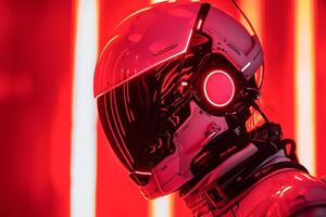 ai generado futurista astronauta casco con brillante visera en neón rojo ligero foto